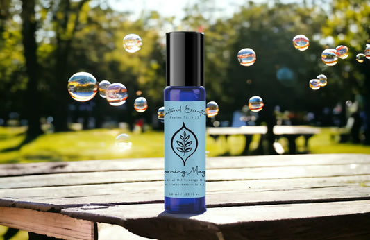 Energy and Alertness Essential oils blend on table with bubbles 