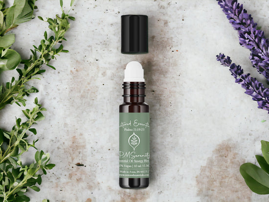 PMS support blend bottle with lavender and green plants